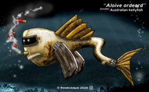 Spot the difference puzzle of a fish inspired by Ned Kelly's armour