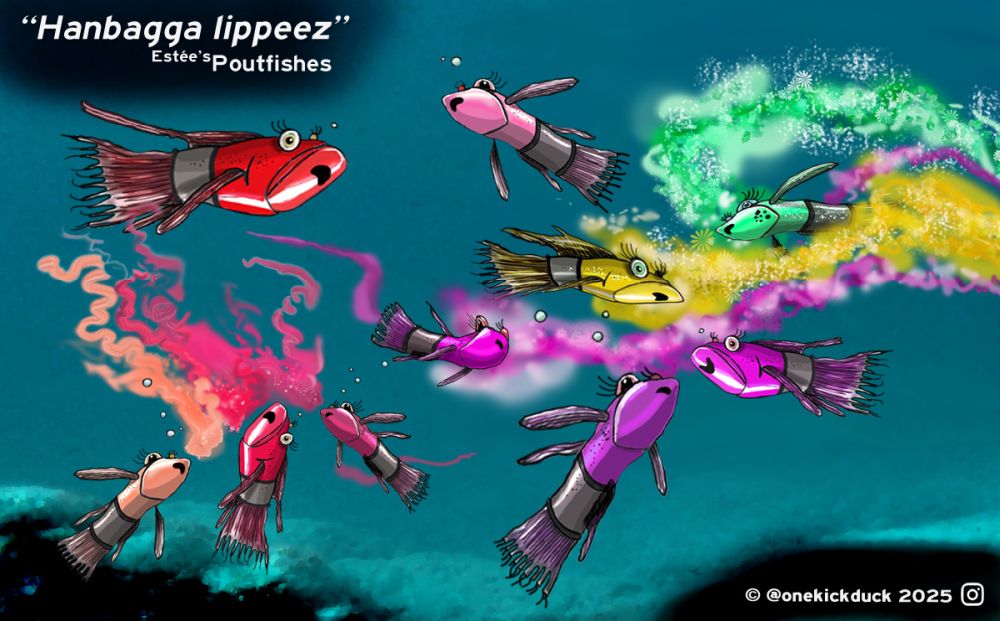 Spot the difference puzzle of a fish inspired by a group of lipsticks