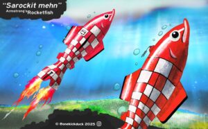 Spot the difference puzzle of a fish shaped like a vintage rocket