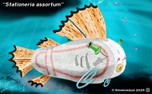 Spot the difference puzzle of a fish inspired by office stationery