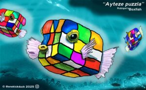 Spot the difference puzzle of a fish inspired by a Rubik's Cube