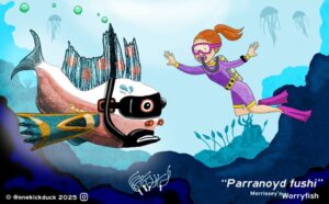 Spot the difference puzzle of a fish dressed as a scuba diver